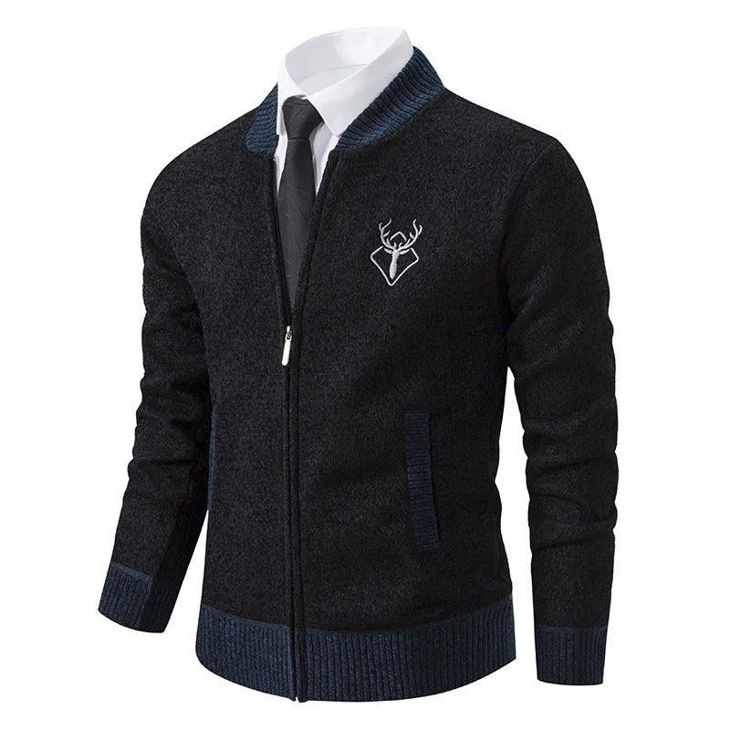 Men's Slim Stand Collar Elk Embroidered Sweater