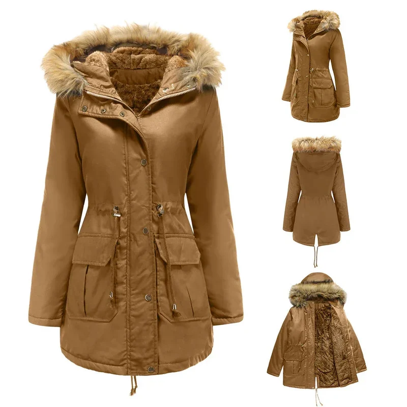 Women's Hooded Fur Collar Fleece-Lined Warm Winter Jacket