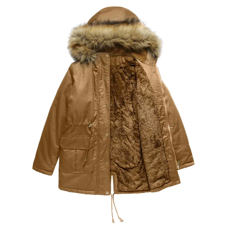 Women's Hooded Fur Collar Fleece-Lined Warm Winter Jacket