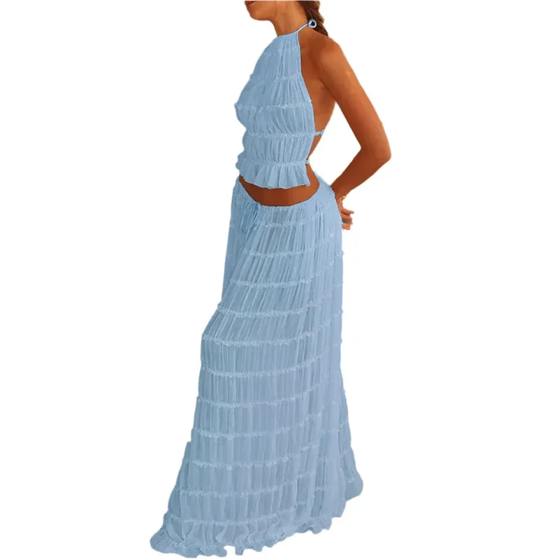 Women's Long Dress & Sleeveless Backless Top 2pcs Clothing Set