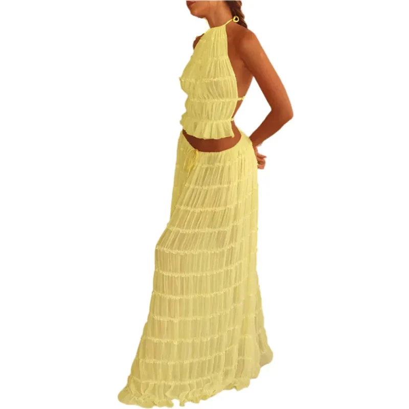 Women's Long Dress & Sleeveless Backless Top 2pcs Clothing Set