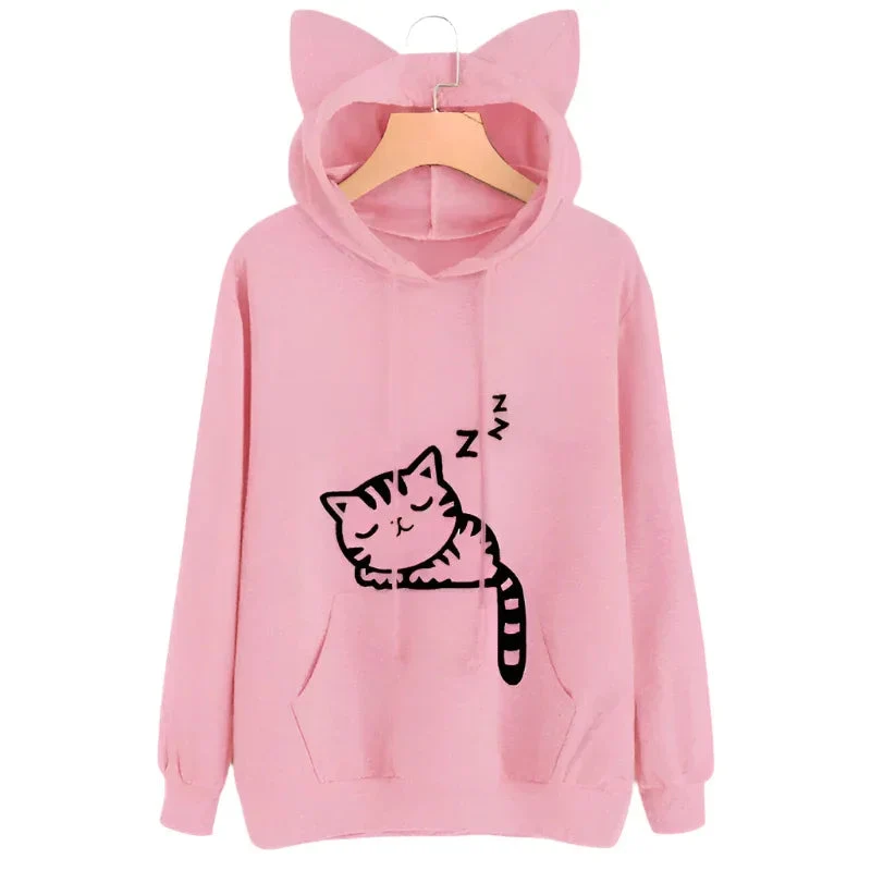 Female Women Casual Hoodies Sweater Long Sleeve Cute Ears Printed Hoodies Tracksuit Outerwear Sweatshirt