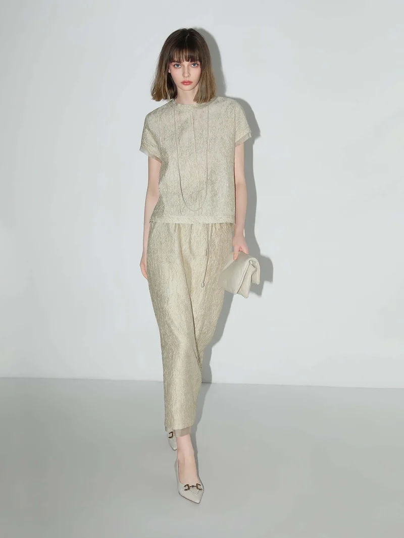 Luxe Contrast Champagne Silk Textured Satin Midi Skirt