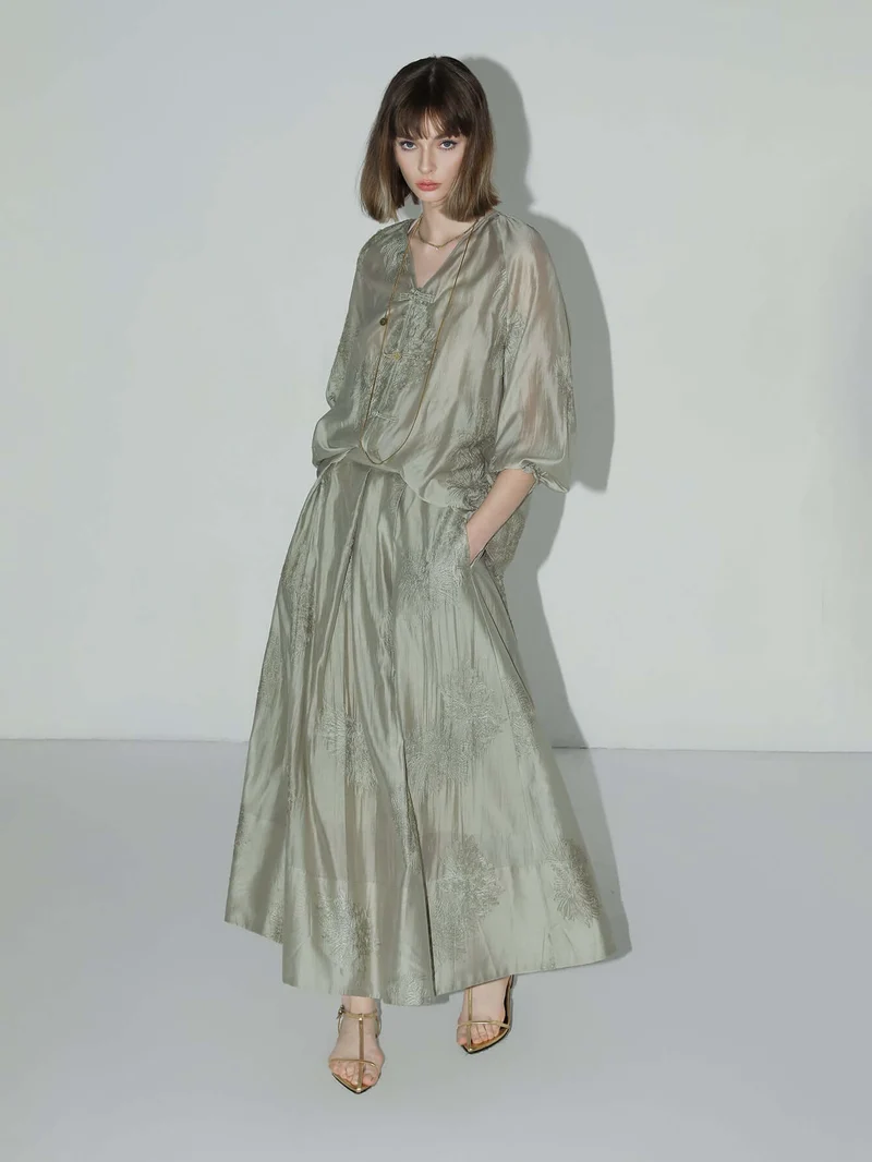 Brocade Button Embroidered Mint Green Kaftan Dress