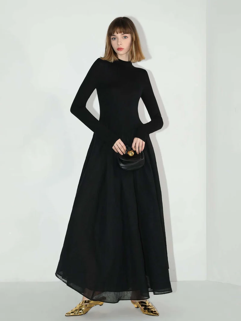 Solid Black Pleated Maxi Dress