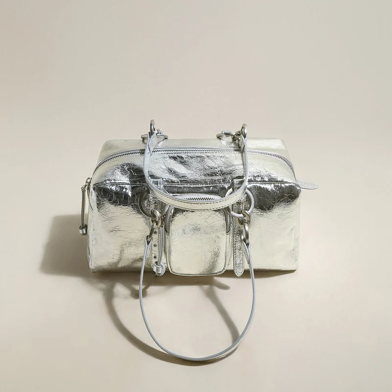 Two Way Shiny Wrinkled Leather Shoulder Bag