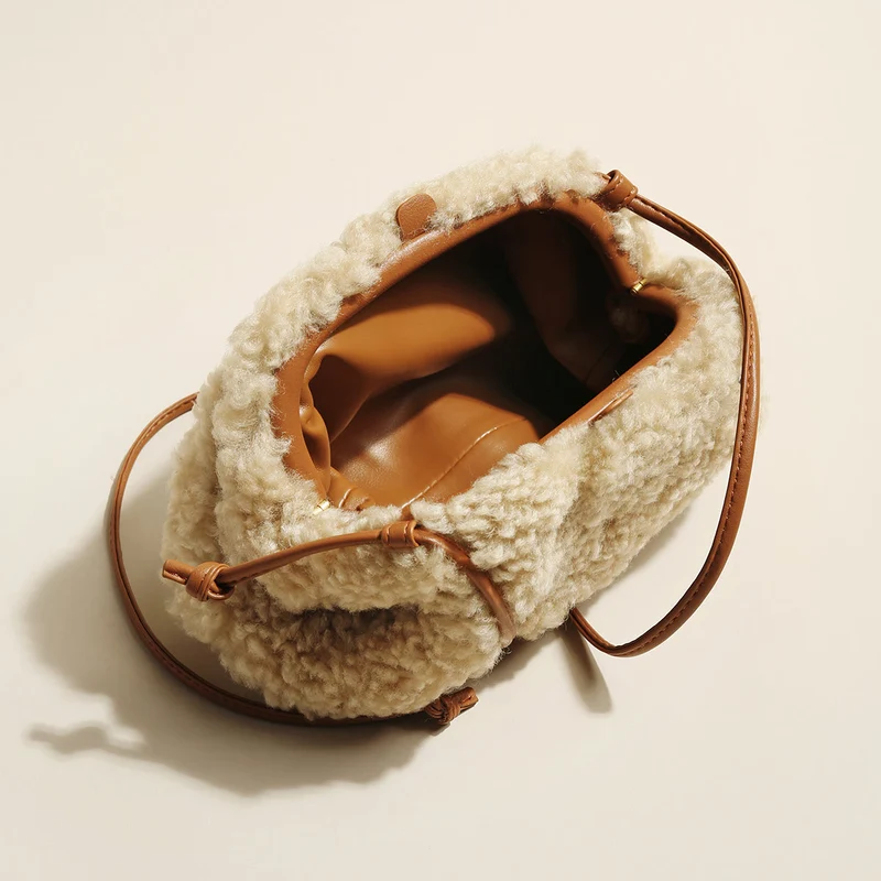 Apricot Beige Furry Double Thin Strap Shoulder Bag