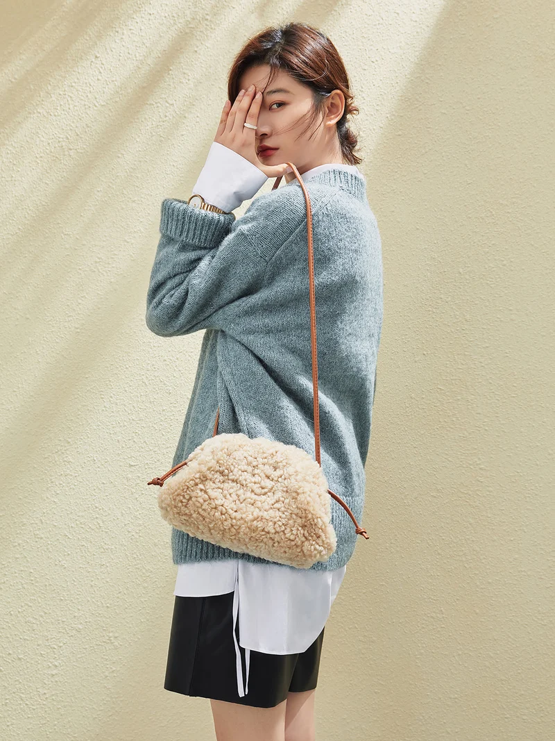 Apricot Beige Furry Double Thin Strap Shoulder Bag