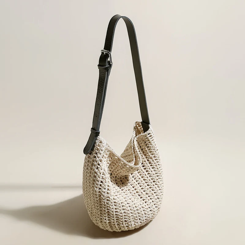 Medium White Beach Tote Bag with Blue Leather Straps