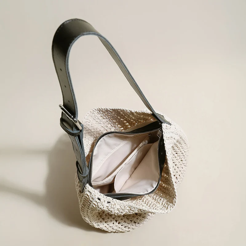 Medium White Beach Tote Bag with Blue Leather Straps
