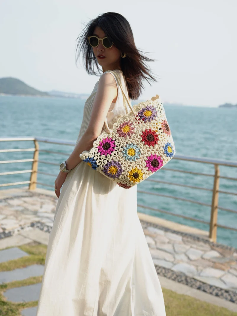 Beach Floral Crochet Tote Bag