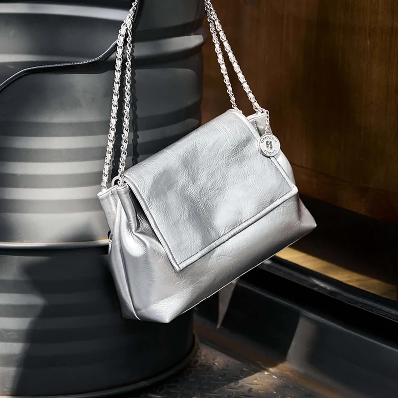 Metallic Leather Chain Strapped Shoulder Bag