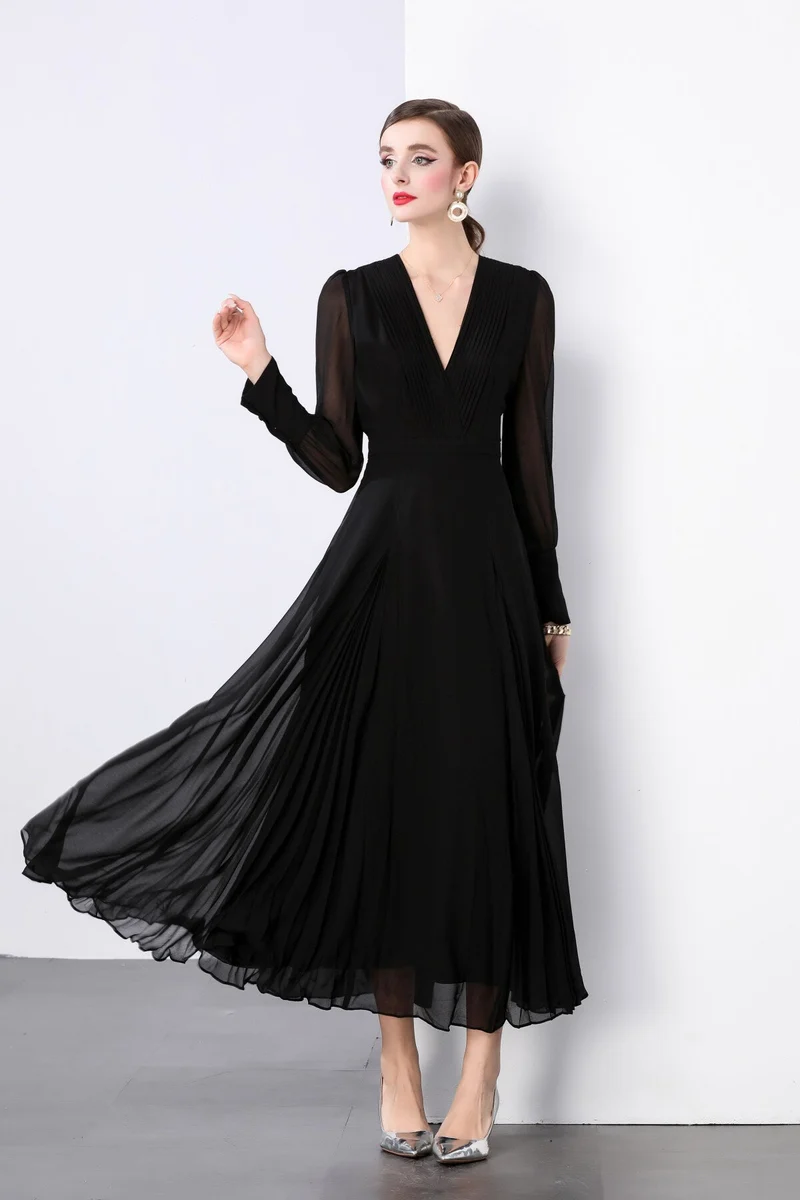 Midnight Black Long Sleeve Ruched Waist V Neck Maxi Dress