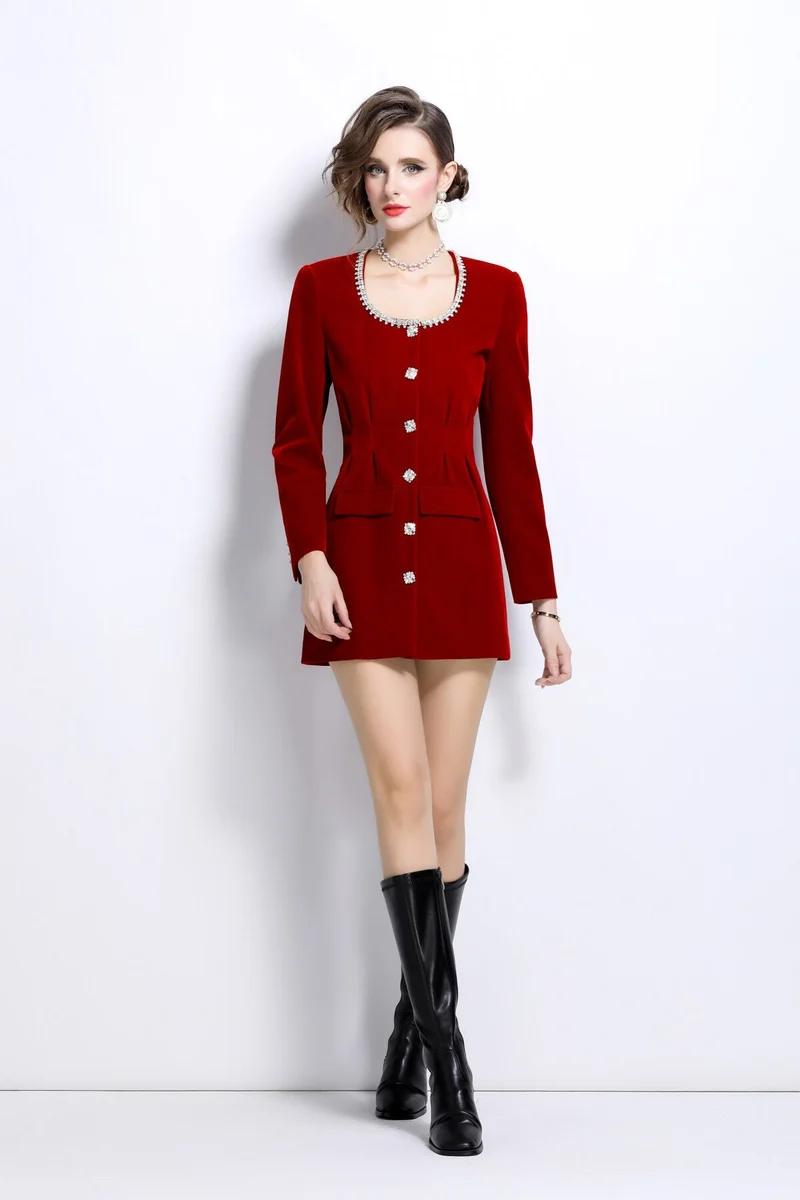 Scoop Neck Button Down Long Sleeve Coat Dress