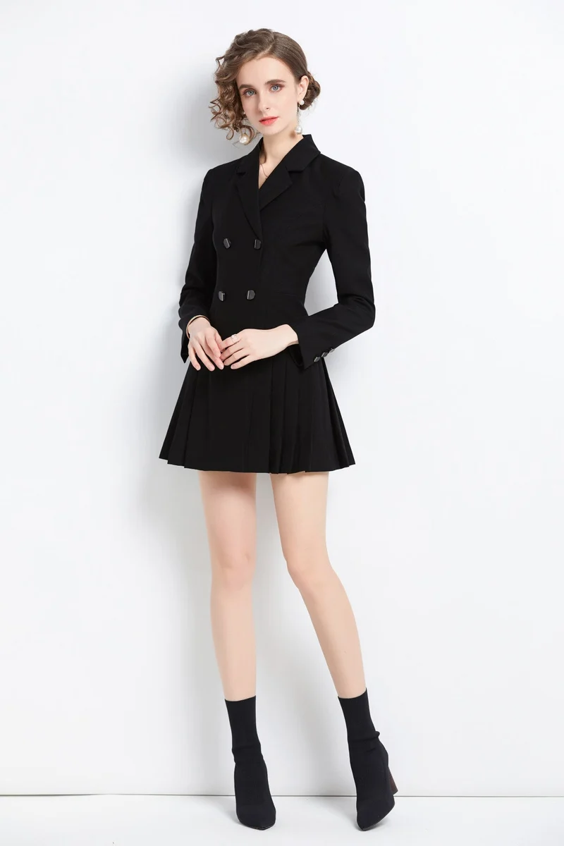 Black Pleated Cocktail Business Blazer Dress