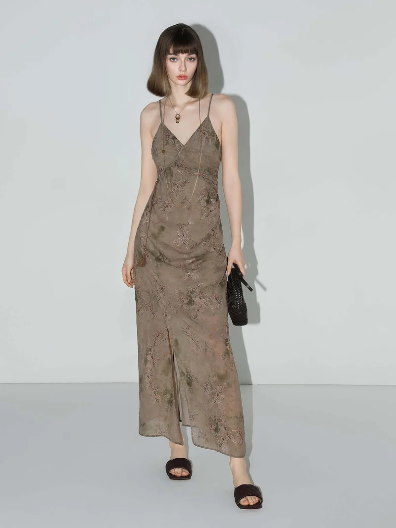 Golden Brown Tea Steep Floral Chiffon Cami Dress
