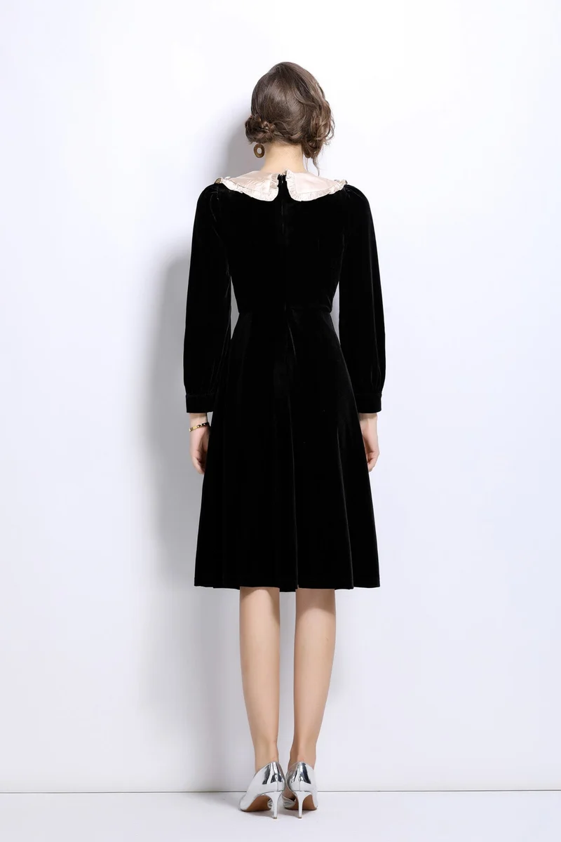 French Lace Collar Knee Length Black Velvet Dress