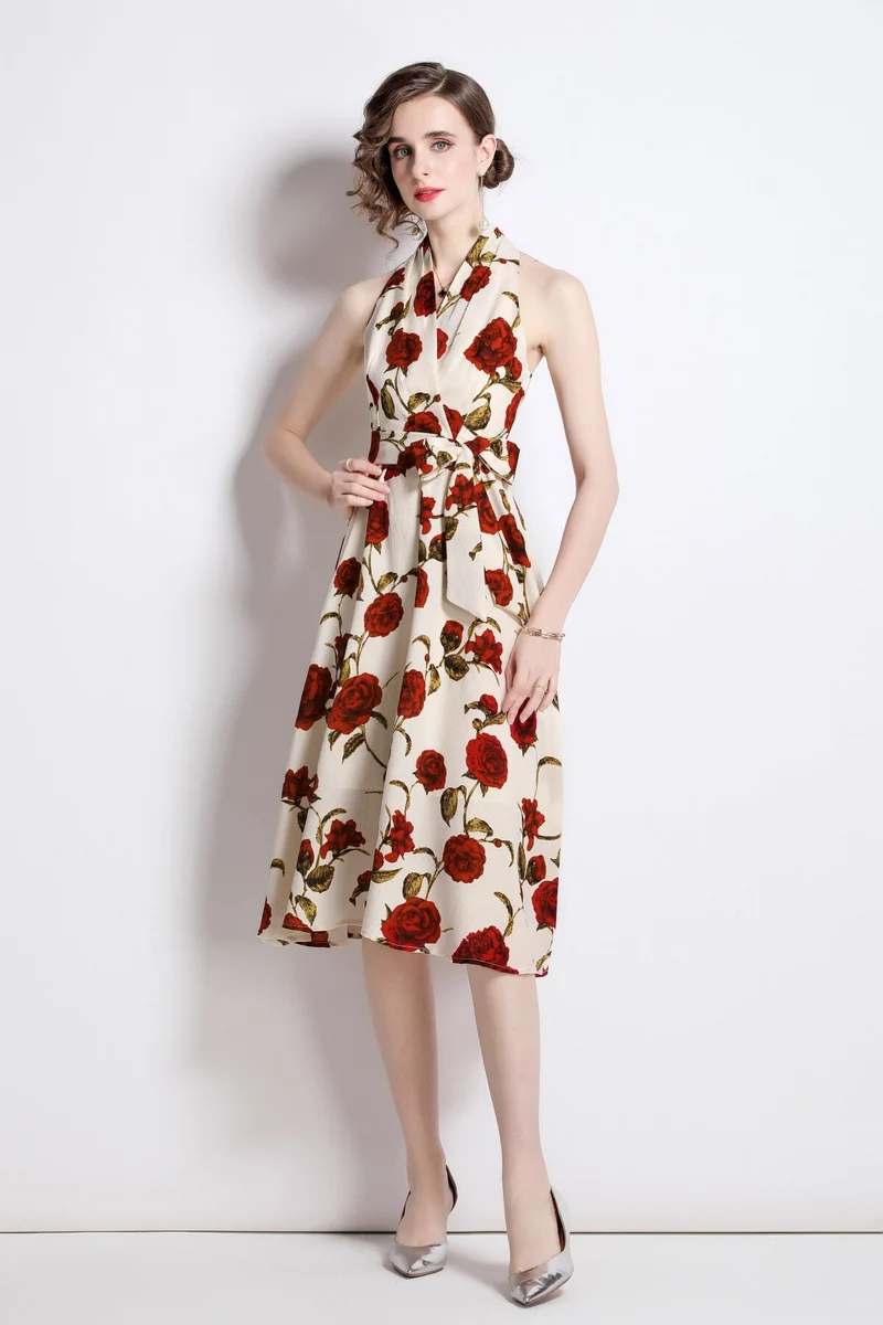 Floral High Waisted Slimming Halter Neck Beige A Line Dress