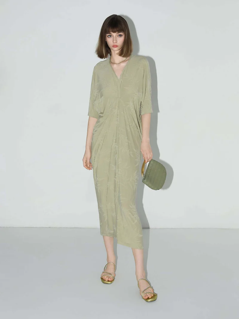 Shawl Neck Bamboo Jacquard Knit Maxi Dress
