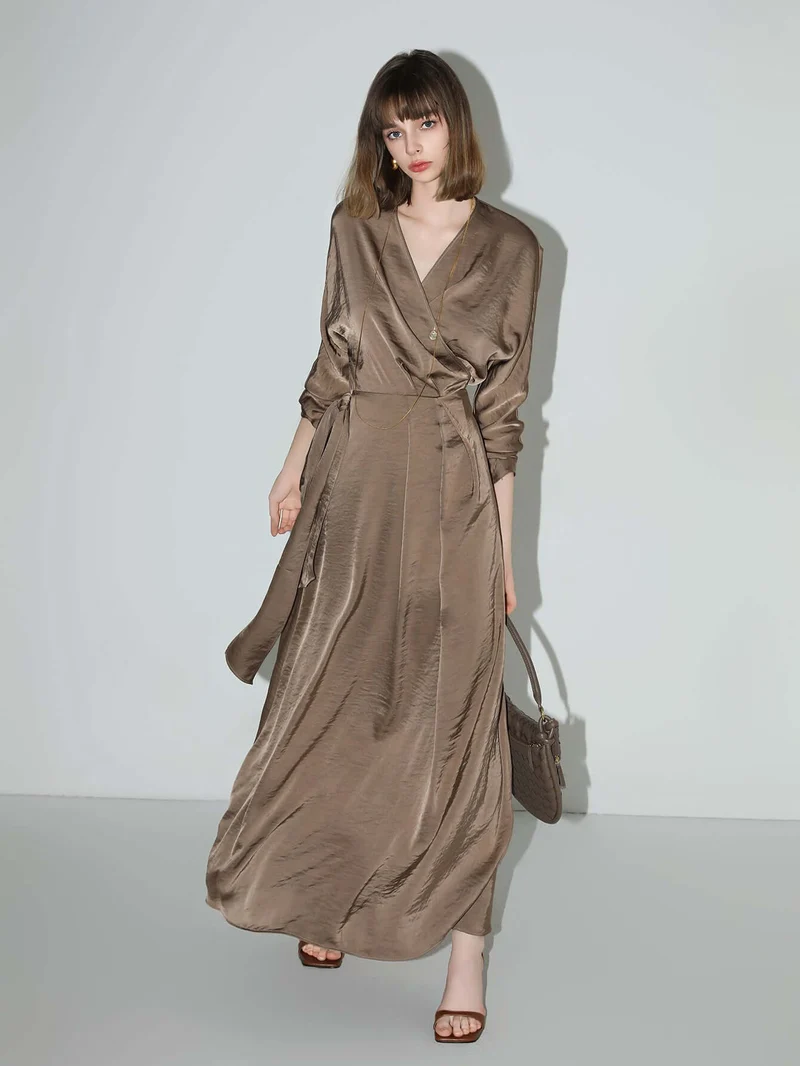 Antique Brown Satin Wrap Dress