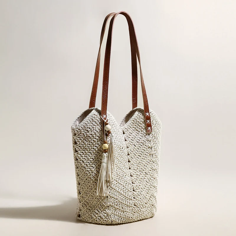 White Boho Chic Leather Strap Crochet Tote Bag
