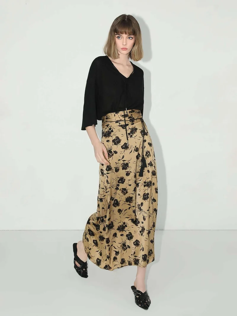Fringe Tassel High-Waist Floral Pleated Midi Skirt