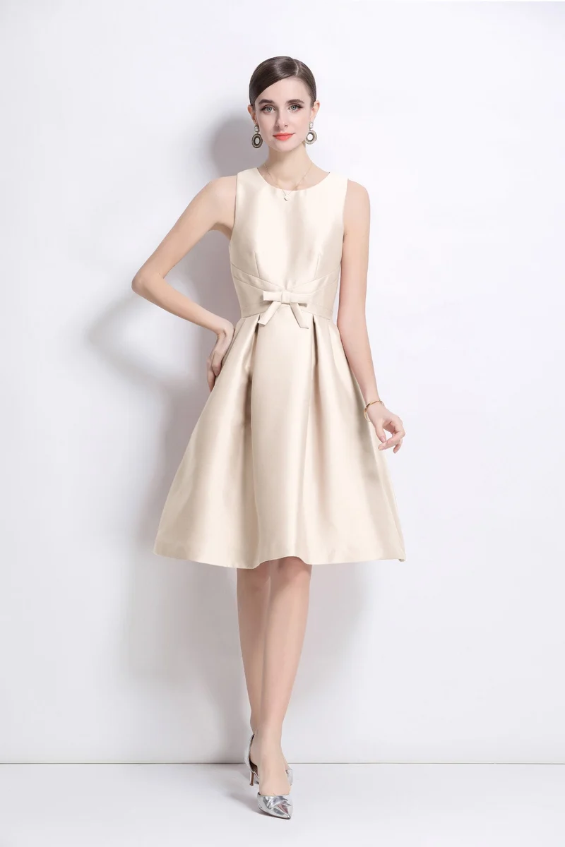 Belted Bowknot Satin Fitted Midi Dress