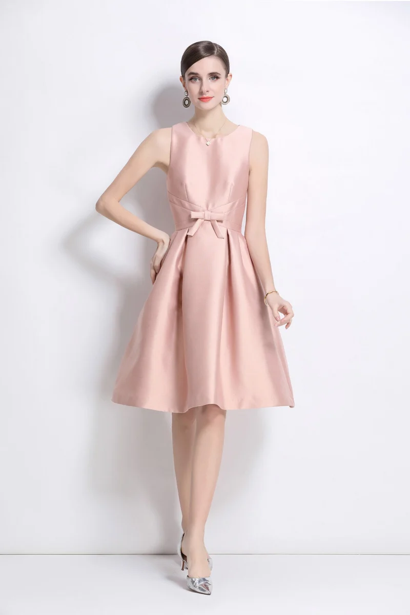 Belted Bowknot Satin Fitted Midi Dress