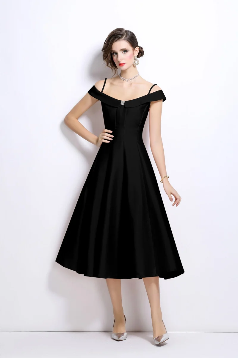 Off Shoulder Sweetheart Neckline Calf Length Dress