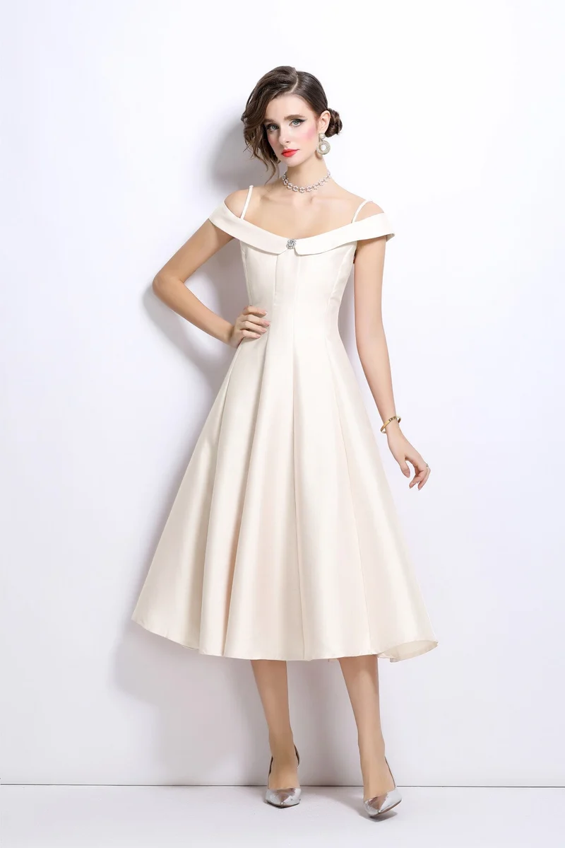 Off Shoulder Sweetheart Neckline Calf Length Dress