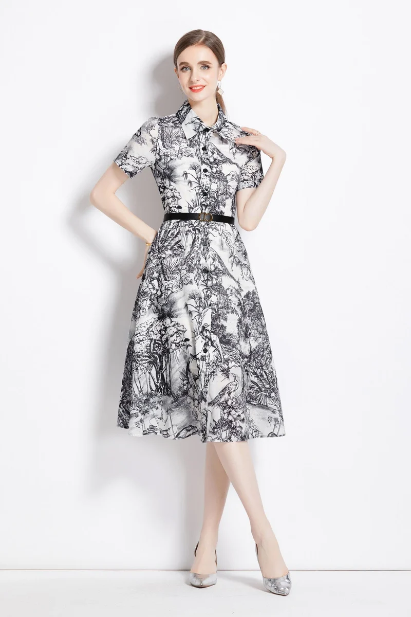Natural Forest Waist Cinching Flared Work Shirt Dress