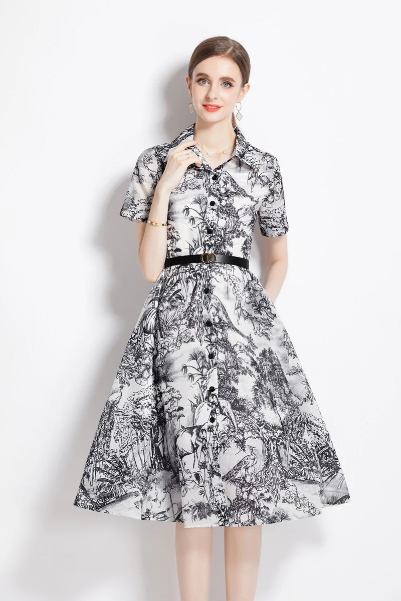 Natural Forest Waist Cinching Flared Work Shirt Dress