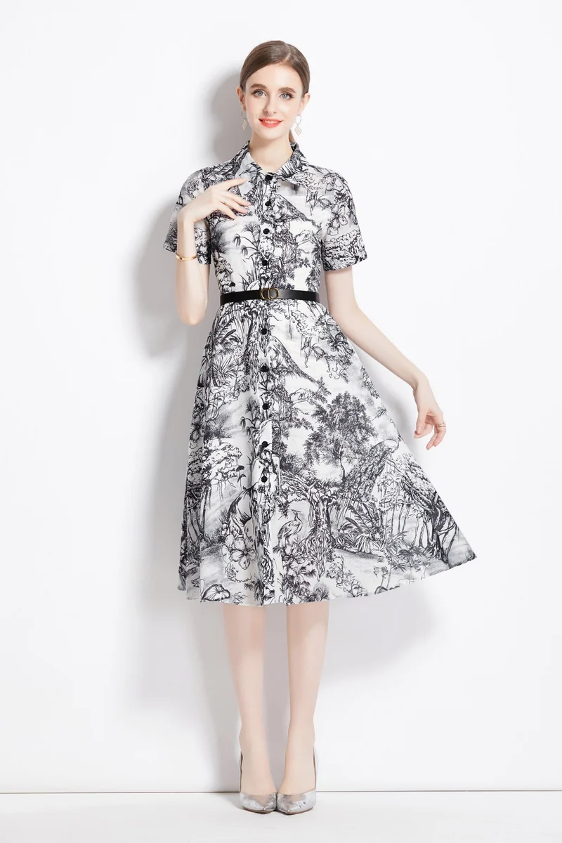 Natural Forest Waist Cinching Flared Work Shirt Dress