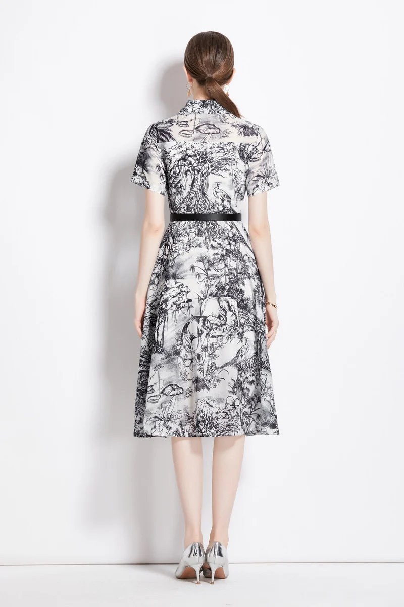 Natural Forest Waist Cinching Flared Work Shirt Dress