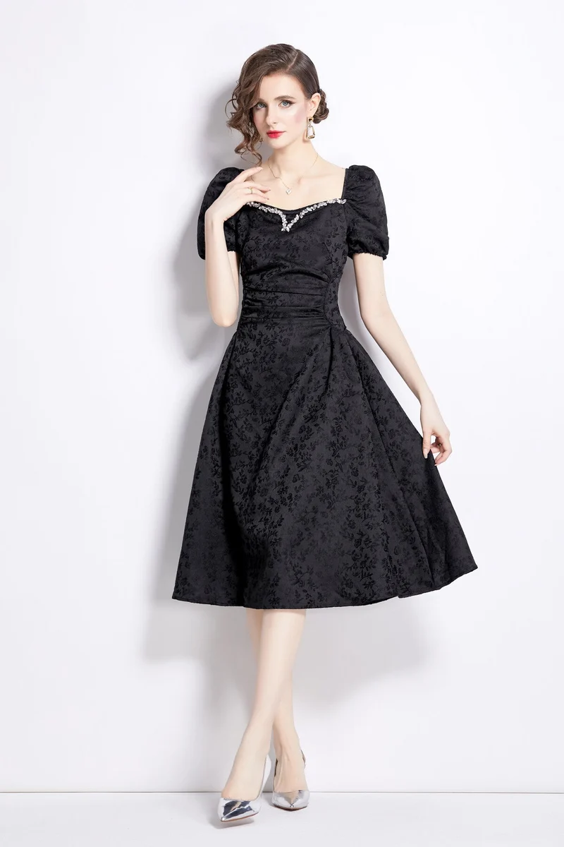 Jacquard Hand Beaded Square Neck Puff Sleeve Midi Dress