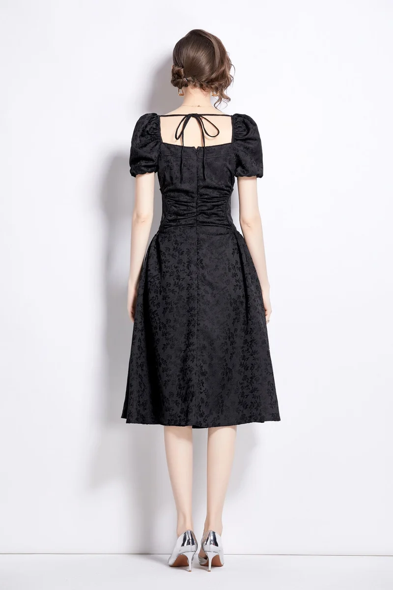 Jacquard Hand Beaded Square Neck Puff Sleeve Midi Dress