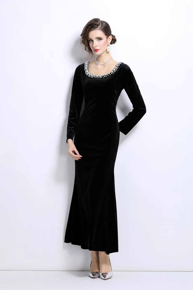 Black Velvet Vintage Fishtail Dress