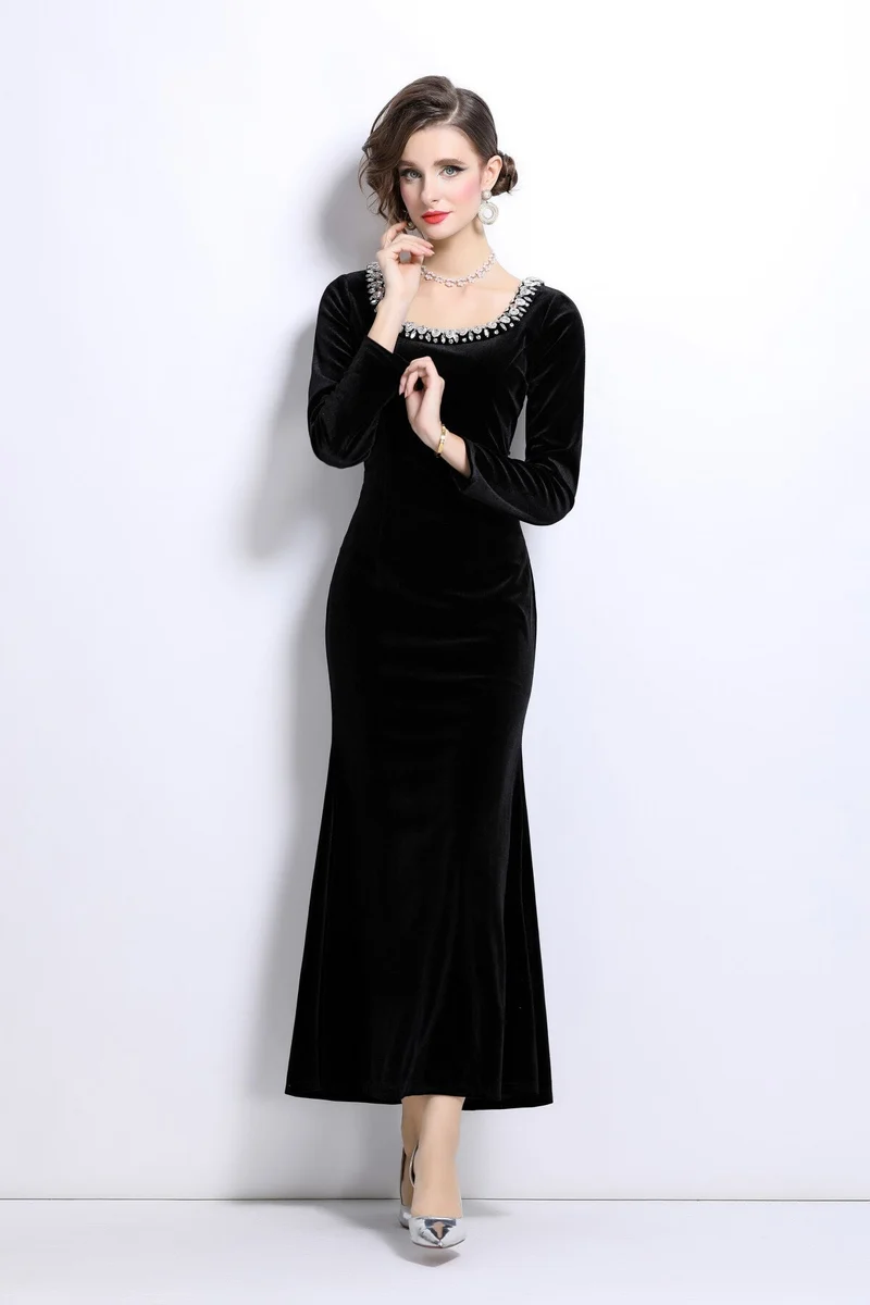 Black Velvet Vintage Fishtail Dress