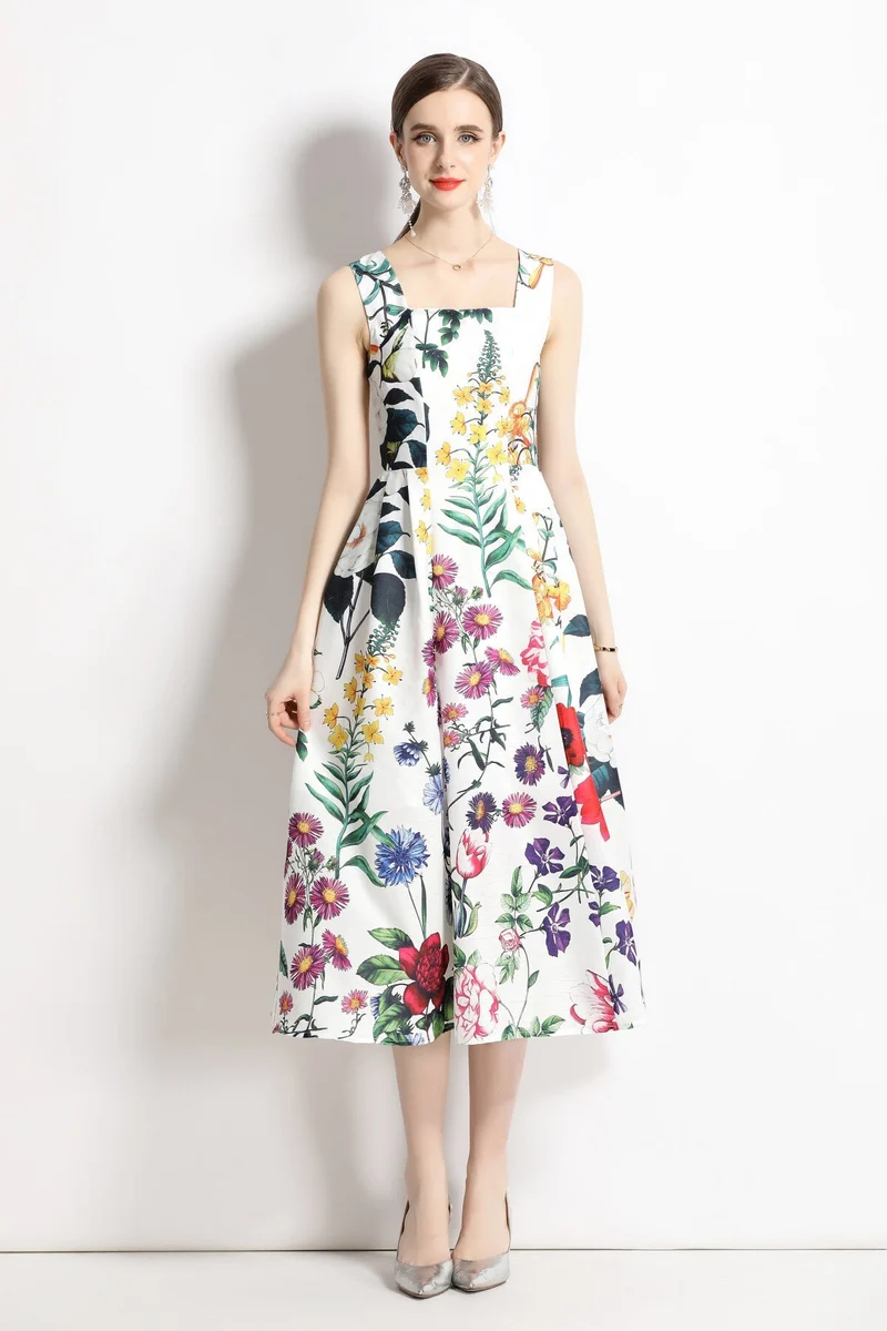 Vintage White Floral High Waisted Thick Strap Dress