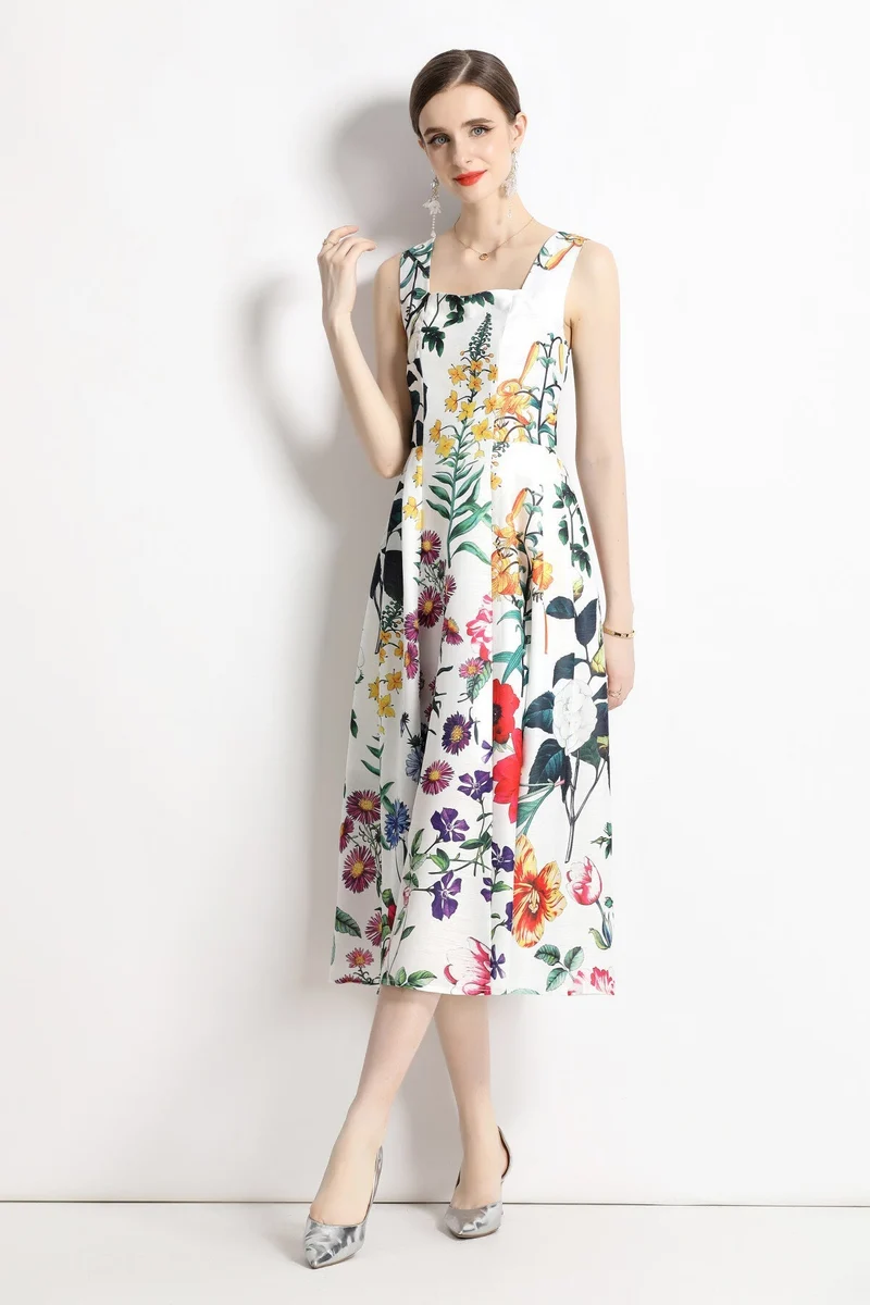 Vintage White Floral High Waisted Thick Strap Dress