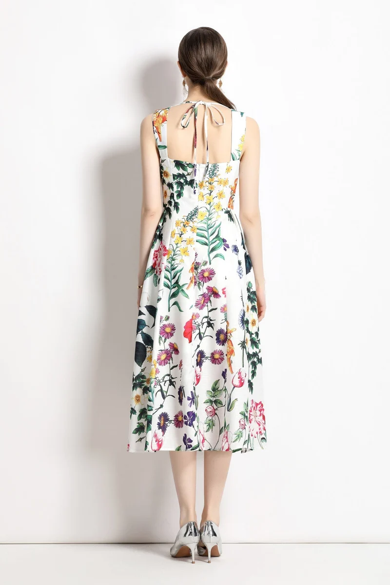 Vintage White Floral High Waisted Thick Strap Dress