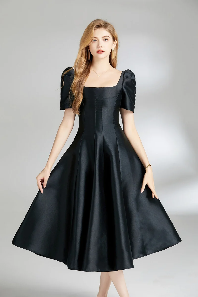 French Square Neck Flared Evening Dress
