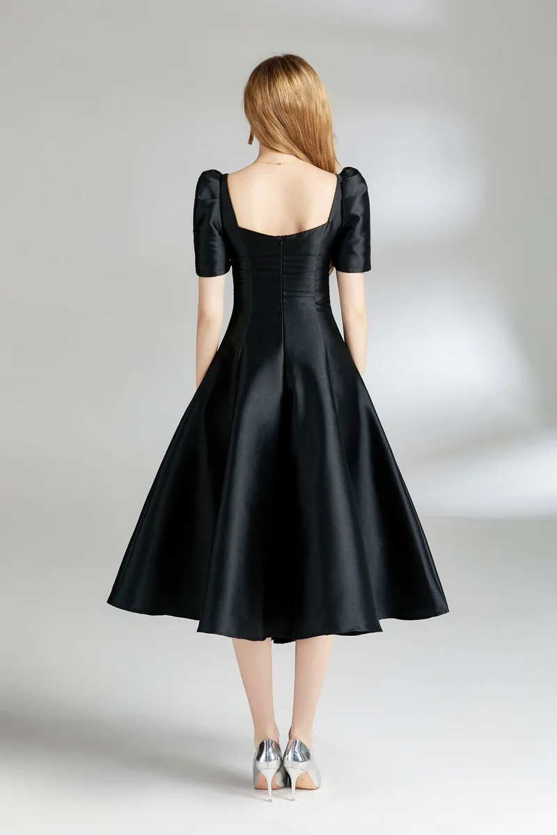 French Square Neck Flared Evening Dress