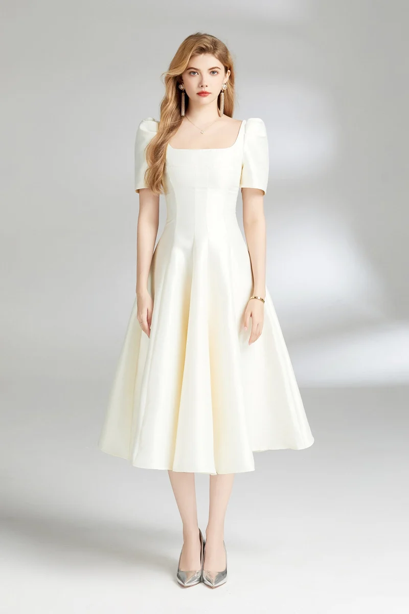 French Square Neck Flared Evening Dress