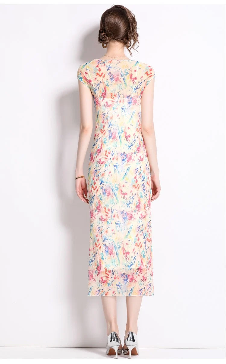 Short Sleeve Double Layer Sheer Rainbow See Through Dress