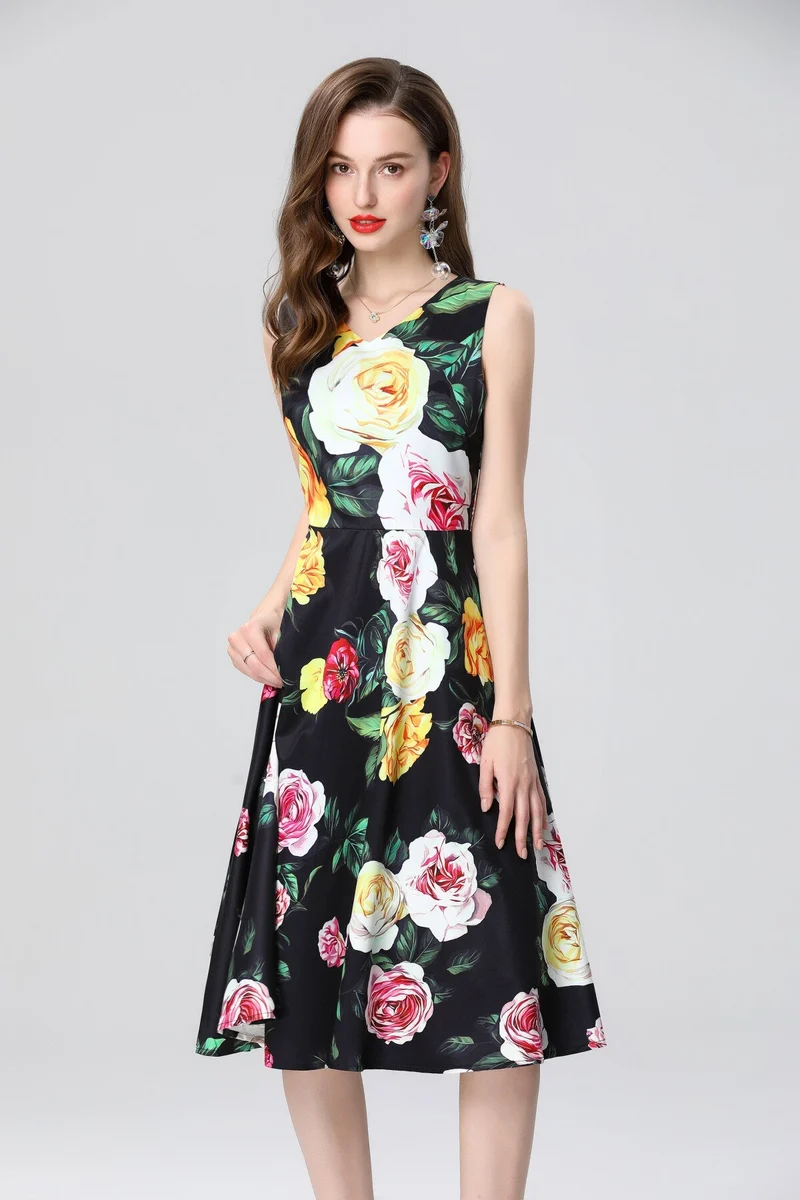 Structured A Line Floral Black Dress