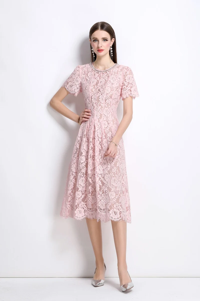 Flamingo Pink Sheer Floral Lace Dress