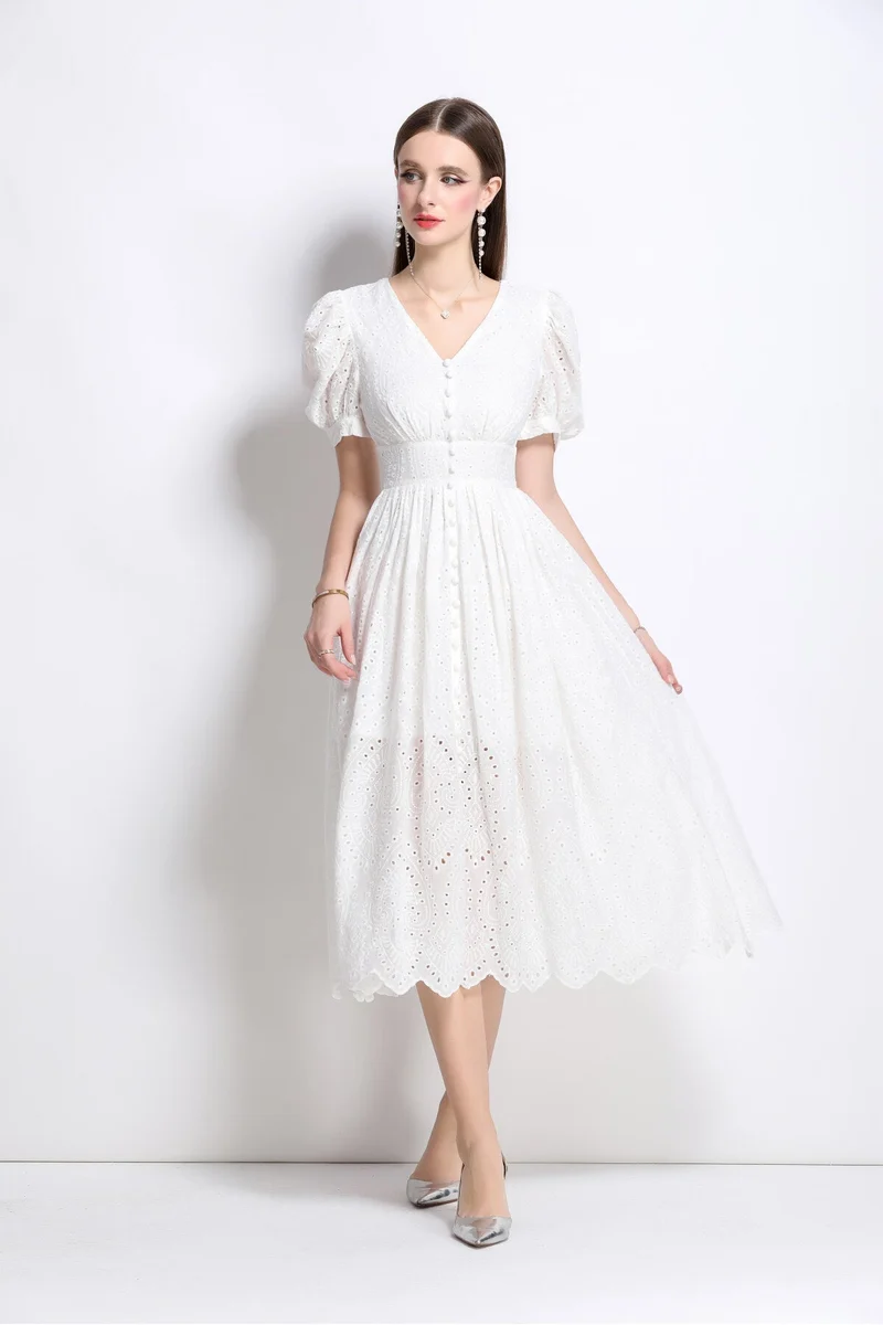 Plunging Neckline Lantern Sleeve Flowy White Maxi Dress