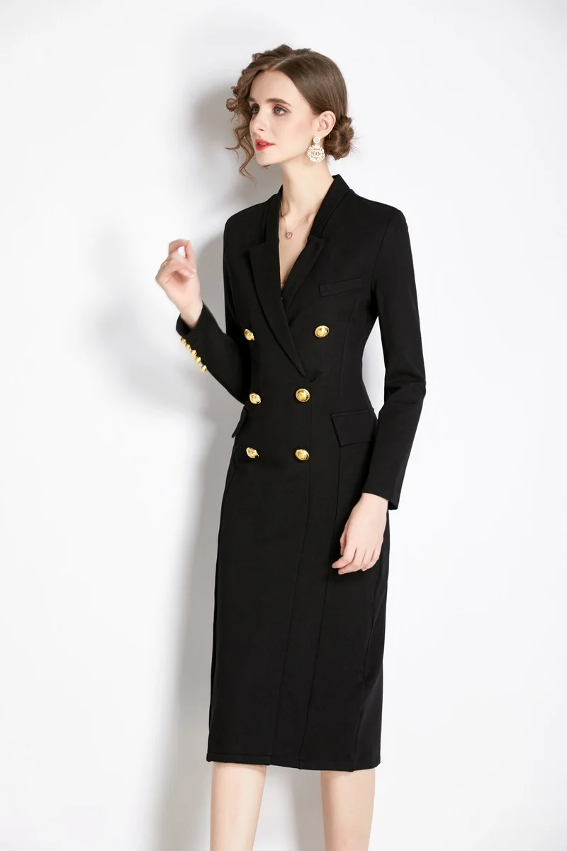 Gold Double Breasted Black Midi Blazer Dress