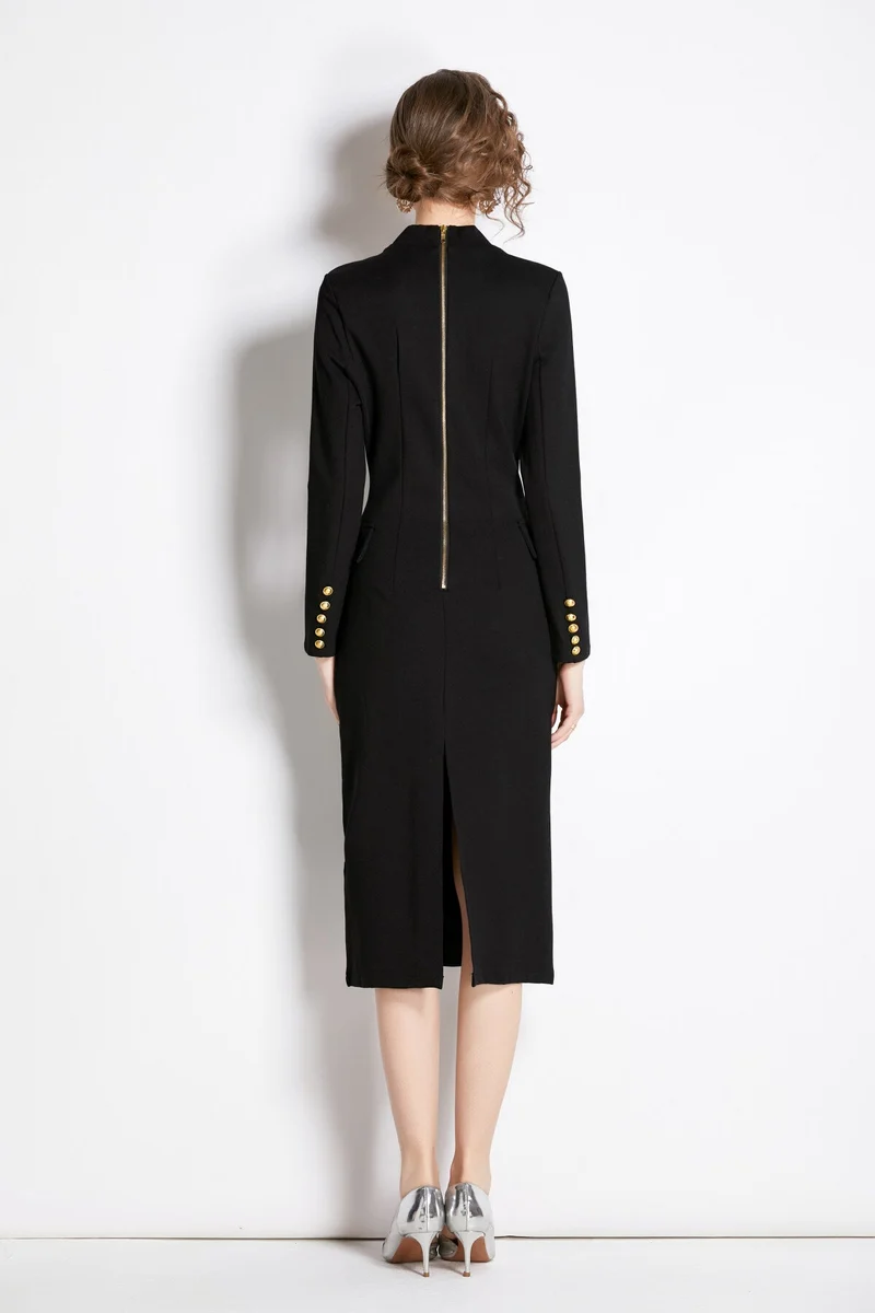 Gold Double Breasted Black Midi Blazer Dress